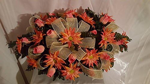 Coral and Yellow, Daisies and Roses with Sparkling Mesh Ribbon Cemetery Tombstone Saddle