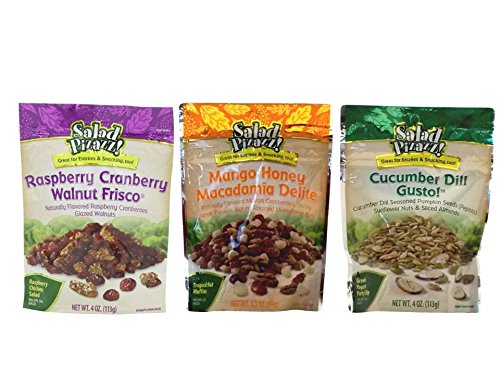 Salad Pizazz Salad Topping 3 Flavor Variety Bundle: (1) Salad Pizazz Mango Honey Macadamia Delight, (1) Salad Pizazz Raspberry Cranberry Walnut Frisco, and (1) Salad Pizazz Cucumber Dill Gusto!. 3.5-4 Oz. Ea.