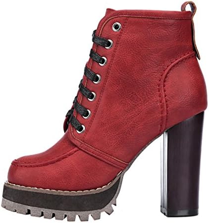 INDEX Women's Rough High-Heels Platform Lace-up Closure Shoes(7.5 B(M) US, Red)