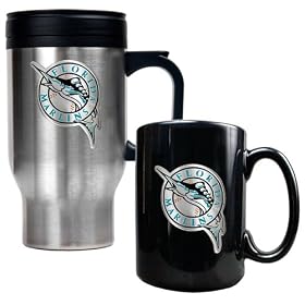 Florida Marlins MLB 16 Oz Stainless Steel Travel Mug and Ceramic Coffee Mug Set
