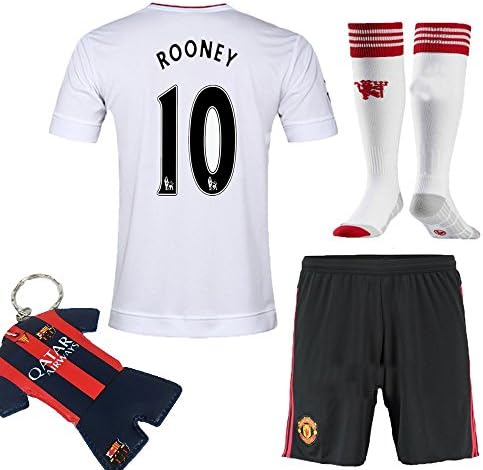 Soccer Kids 2015-2016 Football Soccer Rooney #10 United away Jersey Short Sleeve &amp; Shorts &amp; Socks &amp; Key Chain Kids Youth Size (3-4 years)