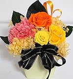 盛りたくさん純粋100％プリザーブドフラワー このサイズでこの価格 スワロフスキー・高級クリアケース付 オレンジイエロー