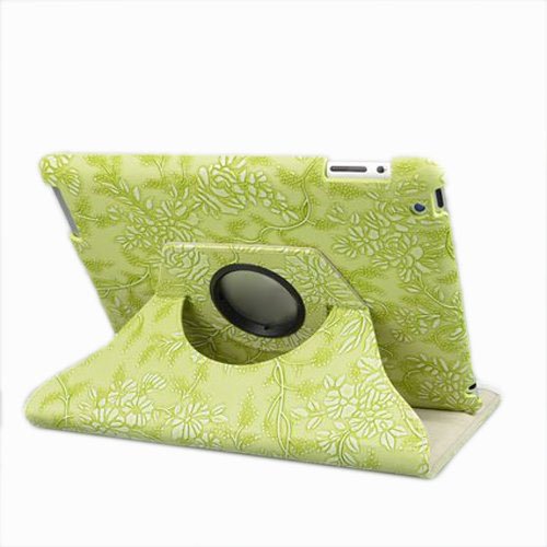 Dragonpad@ 360 Degrees Rotating Stand (Green) Stylish Embossed Flowers Case for Ipad 3 / the New Ipad (3rd Generation) /Ipad 2 with Bonus Stylus, Supports Smart Cover Wake/sleep Function