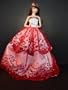White Ball Gown with Red Sequined Lace Details Made to Fit the Barbie Doll
