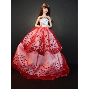 White Ball Gown with Red Sequined Lace Details Made to Fit the Barbie Doll White Ball Gown with Red Sequined Lace Details Made to Fit the Barbie Doll