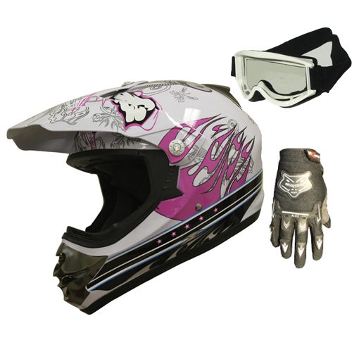 Adult DOT ATV Motocross Helmet Combo 183 Pink gloves goggles XS Laura Grunwaldha