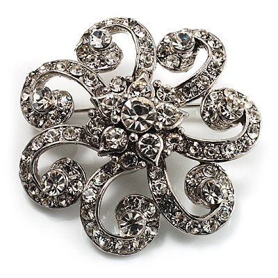 Charming Diamante Floral Brooch (Silver Tone)
