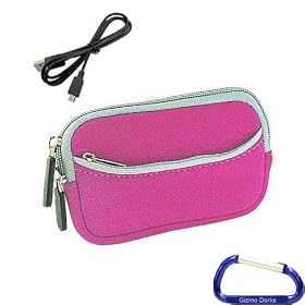 Neoprene Sleeve Cover Case, USB Cable with Gizmo Dorks Carabiner Key Chain for Toshiba Camileo BW20 Waterproof Camcorder - Pink