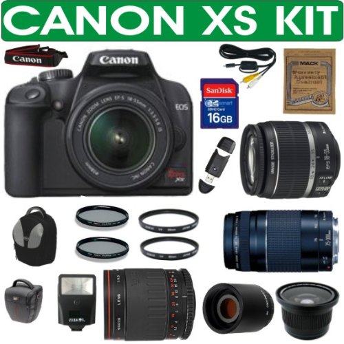BRAND NEW CANON REBEL XS (IMPORT) + CANON 18-55mm IS LENS + CANON 75-300mm ZOOM LENS + VIVITAR 500mm MIRROR LENS + 2X TELECONVERTER LENS + .40X SUPER WIDE ANGLE FISHEYE LENS + 16GB HIGH SPEED MEMORY CARD CLASS 10 + MACK 3 YEAR WORLDWIDE WARRANTY