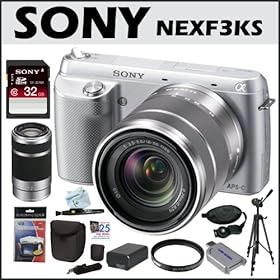 Sony NEXF3KS DSLR Camera Black + Sony Sel 55-210MM Nex System Zoom Lens + 32GB Secure Digital Memory Card + 2 Sony Bag + Accessory Kits