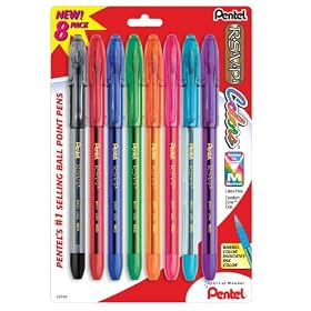 Pentel R.S.V.P. Ball Point Pen, Medium Point, Black/Blue/Green/Orange/Pink/Red/Sky Blue/ Violet Ink (BK91CRBP8M)