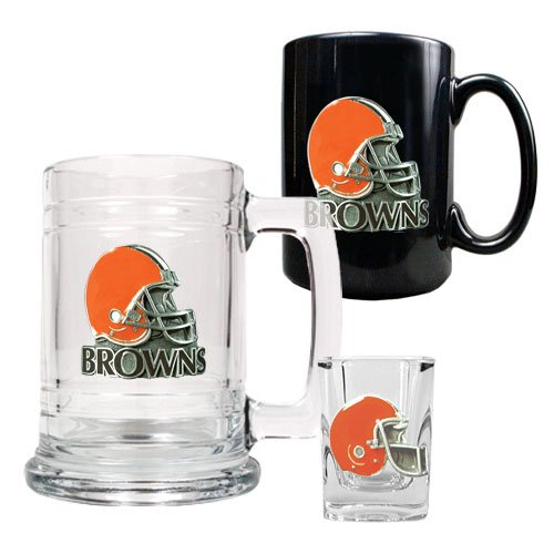 NFL Cleveland Browns 15-Ounce Tankard, 15-Ounce Ceramic Mug & 2-Ounce Shot Glass Set - Helmet Logo