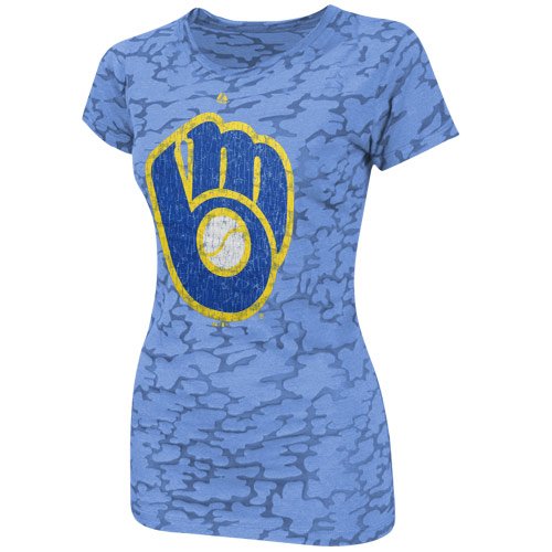 Majestic Milwaukee Brewers Ladies Pure Victory Premium Burnout T-Shirt - Light Blue (Medium)