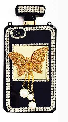 Stylish Crystal Diamond Rhinestones 3D Luxury Shining Butterfly Perfume Bottle Phone Case with Gold/Black Leather Chain (iPhone 4/4s Gold/Gold Gems)