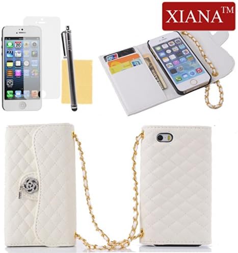 iPhone 5 Case, iPhone 5S Case, XIANA Royal Ridge Grid with Rose Flower Pendant Decorated Design Leather Handbag Wallet Case Cover Protector For iPhone 5 5S(White),A Stylus,Screen Protector and Cleaning Cloth Included