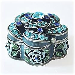 Blue Flower Box Swarovski Crystals Jewelry, Trinket or Pill Art Deco Box FREE SHIP Certificate of Authenticity