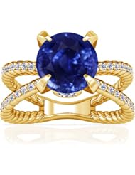 14K Yellow Gold Round Cut Blue Sapphire Ring With Sidestones