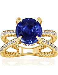 18K Yellow Gold Round Cut Blue Sapphire Ring With Sidestones