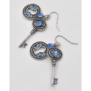 Antique Silver Tone ~ Blue Rhinestone Encrusted Key Dangle Earrings
