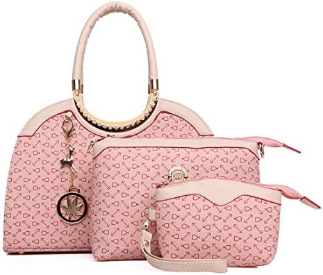 Women 3 Piece Bone Pattern with Pendant PU Leather Lash Package Handbag Tote Purse Bag - Pink