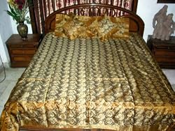 Silk Bedding Set-silk Sari Indian Bedding Khaki Gold Color Bedspread 5 Pc Set Duvet King/queen