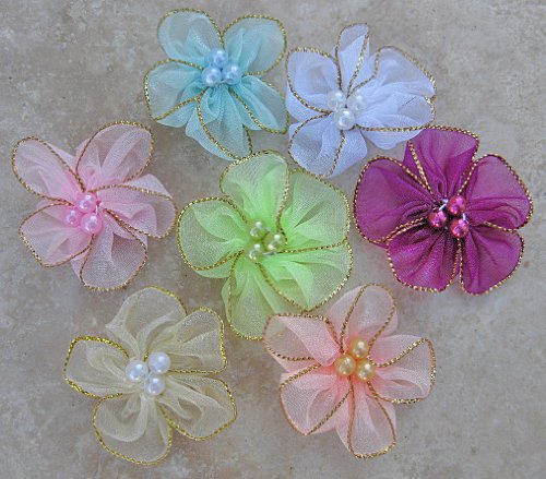 35pc Assorted Color Beaded Organza Flowers Applique 