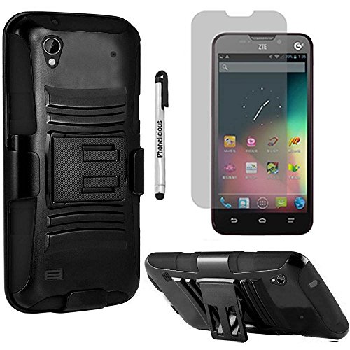 ZTE QUARTZ CASE, Phonelicious® For ZTE QUARTZ Z797C (Straight talk) Xtreme Heavy Duty Hybrid Armor Dual Layer Rhino Kickstand Belt Holster Clip Combo Rugged Case Tuff + LCD Clear Screen Phone Protector Combo & Phonelicious® Pen Stylus (BLACK EXTREME)