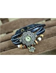 KANO BAK(TM) Vintage Wrap Around Leather Retro Weave Wrap Quartz Bracelet Woman Unisex Sunflower Butterfly Gift Watch Black