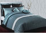 8 Piece Floral Pleated Aqua Blue, Queen Size, Comforter Set, Bed in Bag