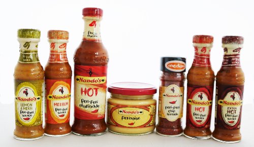 Nandos Peri Peri - Hot Marinade, Perinaise, Peri Peri Chip Sprinkles, Lemon & Herb (Mild), Medium, Hot AND Extra Hot Sauce.