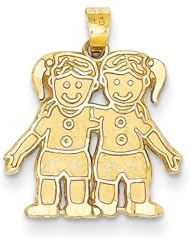 14K Yellow Gold Solid Satin Two Girls Charm Pendant