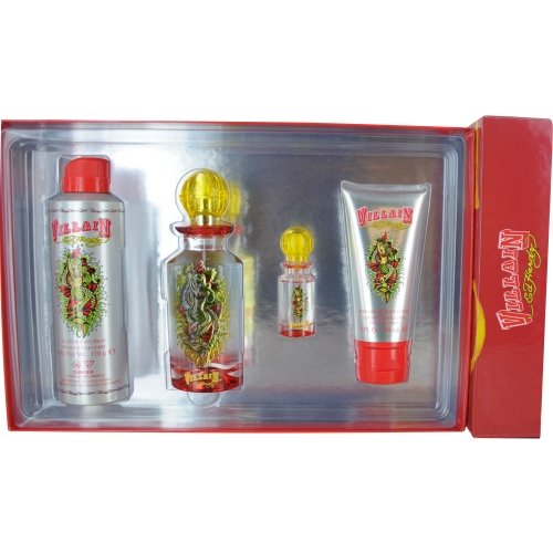 Ed Hardy Villain by Christian Audigier for Women 4 Piece Set Includes: 4.2 oz Eau de Parfum Spray + 3.0 oz Shimmering Body Lotion + 0.25 oz Eau de Parfum Spray + 6.0 oz All Over Body Spray