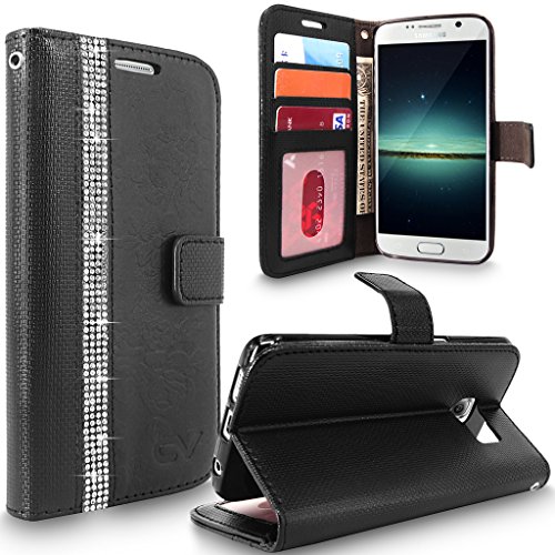 S6 Case, Galaxy S6 Case, Cellularvilla [Diamond Jewel] Embossed Flower Design Premium PU Leather Wallet Case [Card Slots] [Stand Feature] Folio Flip Cover For Samsung Galaxy S6 (Black Bling)
