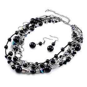 Faux Black Pearl with Silvertone Chain Necklace Earrings Set Fashion Jewelry