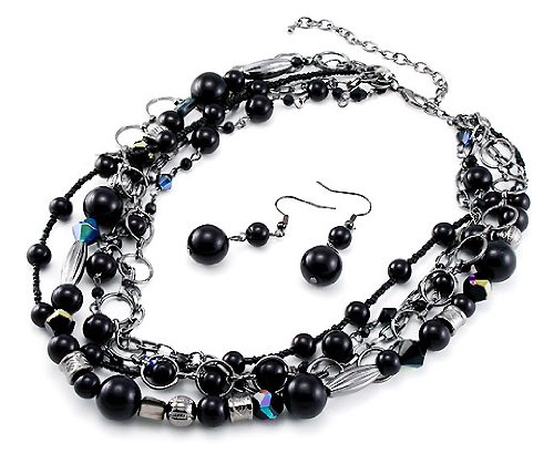 51hU2qkIwgL Faux Black Pearl with Silvertone Chain Necklace Earrings Set Fashion Jewelry