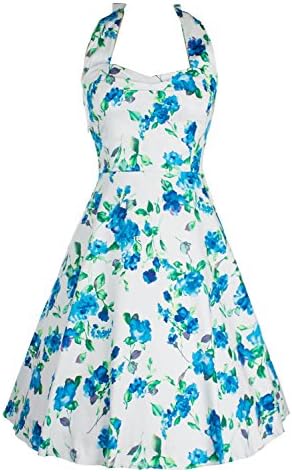GRECIA Womens Classy Floral Spring Halter 1950's Vintage Prom Party Swing Dress S White Blue