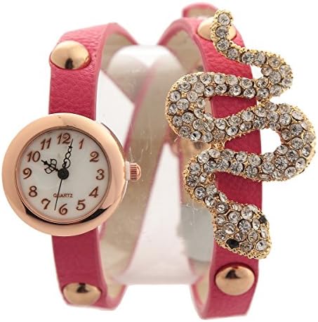 Soulvin Women Retro Fashion Rhinestones Snake Charm PU Leather Belt Wrist Bracelet Watch Rose