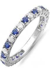 14K White Gold Blue Sapphire And White Diamond Eternity Sizeable Stackable Ring Anniversary Wedding Band