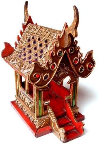 Thai Buddhist Wood Carving Decorated by Color Mosiac Glasses for Spiritual Haunted Spirit House Temple