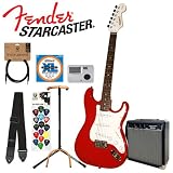 Fender Starcaster Electric Guitar - Gloss RED - Perfect for Beginners! - Stratocaster Body Style - Includes: Planet Waves Guitar Cable, Strap, Ultra Stand, Qwiktune Tuner, D'Addario EXL110 strings, 3 Picks & 15 Watt Starcaster AMP