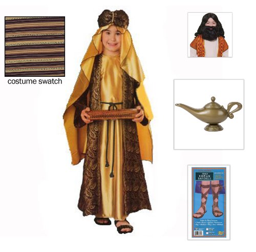 Melchior Child Costume (Small) including Roman Child Sandals (Medium 1-3), Biblical Wig and Beard Set Child and Genie Lamp