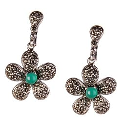 Floral Drop-Earrings Silver Onyx Gemstone 1 inches