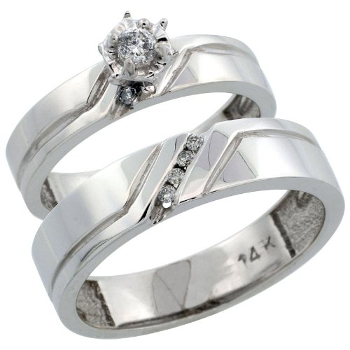 14ct White Gold 2-Piece Diamond Ring Band Set w/ Rhodium Accent ( Engagement Ring & Man's Wedding Band ), w/ 0.15 Carat Brilliant Cut Diamonds, ( 4mm; 5mm ) wide, size K