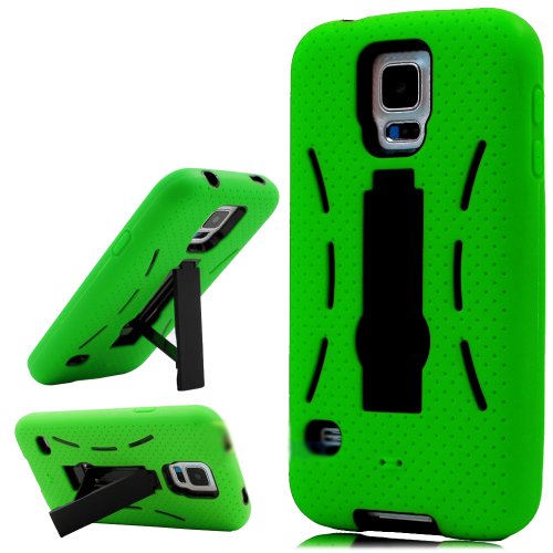 myLife Bright Spring Green and Space Black - Shock Suit Survivor Series (Built in Kickstand + Easy Grip Silicone) 3 Piece + 2 Layer Case for NEW Galaxy S5 (5g) Smartphone By Samsung (External Flex Silicone Bumper Gel + Internal 2 Piece Rubberized Snap Fitted Armor Protector + Shock Absorbing Material)