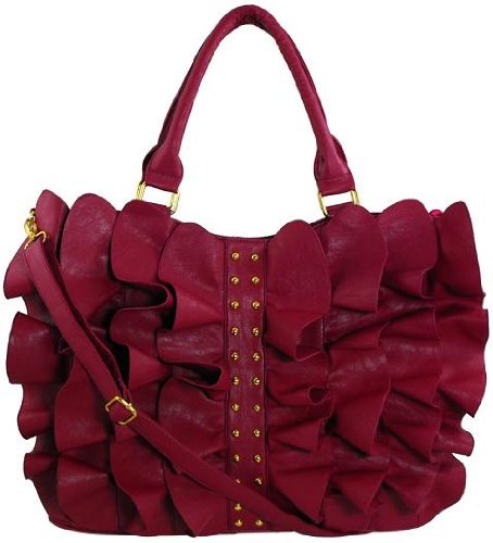 Womens Purple Pink Ruffle Studs Tote Designer Handbag
