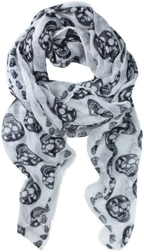 BeautyLady Fashion Long Soft Wrap Lady Shawl Skull Pattern Print Chiffon Long Scarf Scarves Stole -White