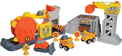 Constructive Playthings Rock Quarry 10 pc. Playset with 3 Chunky Vehicles,"Boulders" and Free Standing Retractable Crane for Ages 18 Months and Up