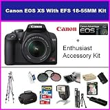 Canon Rebel XS 10.1MP Digital SLR Camera with EF-S 18-55mm f/3.5-5.6 IS Lens With Enthusiast Accessory Kit Package Includes 2X Hi Speed Error Free 16GB 32GB In Total, Pro TTL Flash, Memory Card Reader, Pro SLR Deluxe Carrying Case, Professional Deluxe Tripod, Extended Life Spare Battery Pack, 1 Hour AC/DC 110/220V AC/DC Batttery Charger, Remote Shutter Release, 58MM 3 Piece UV, PL, FLD Filter Kit, & More