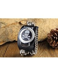 Youyoupifa Unisex Trend Fashion Skull Pattern Stainless Steel Dial Leather Strap Quartz Watch