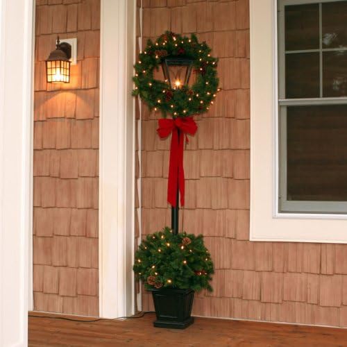6.5' Pre-Lit Christmas Pine Lantern With Wreath & Bow - Clear Dura-Lit Lights